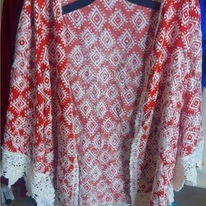 Solitaire Red Aztec Open-Front Crochet-Trim Sweater